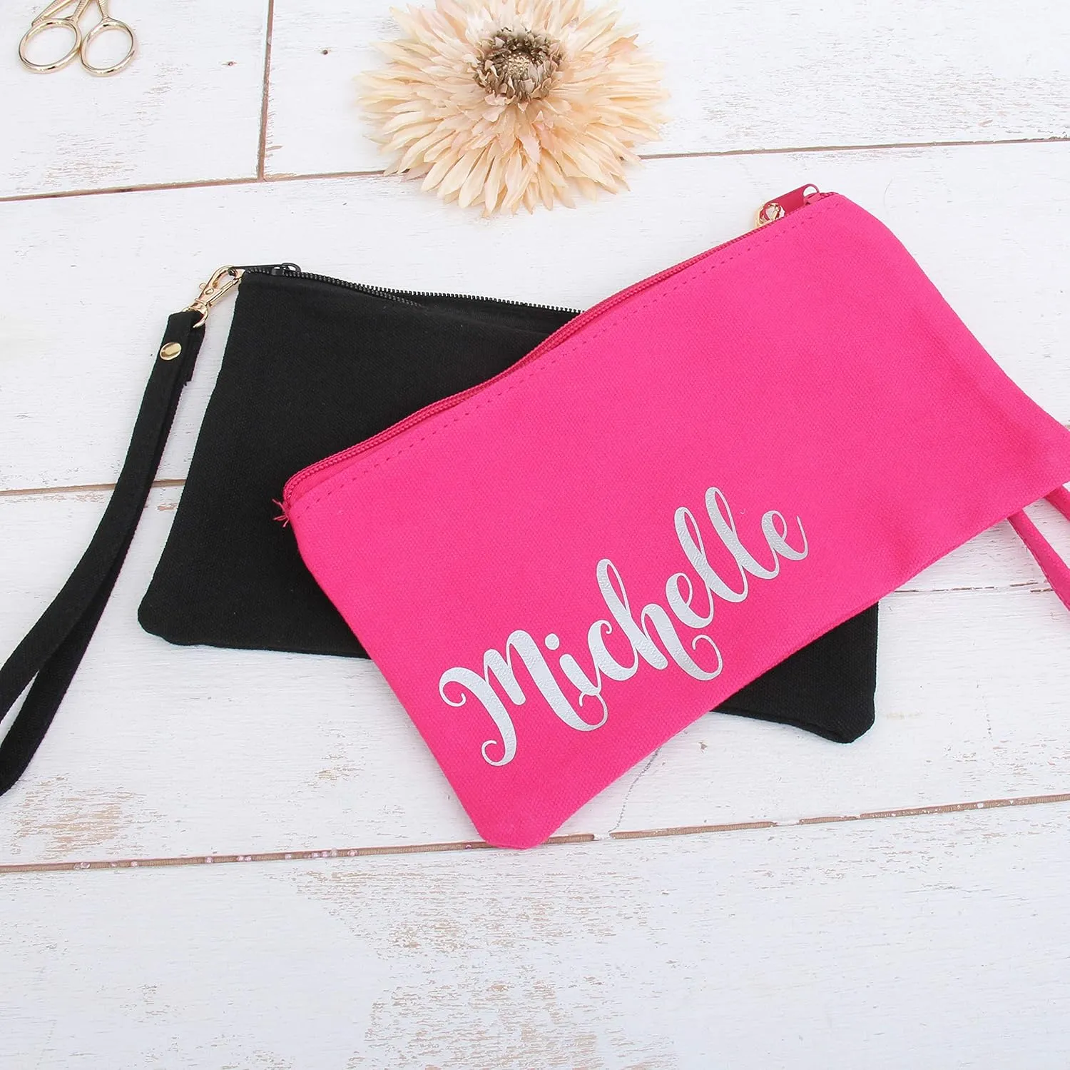 Threadart Personalized Cotton Canvas Small Wristlet Bag Make-up Organizer Makeup Bag - 100% Cotton Heavy Duty Canvas 5"x9" - Ivory