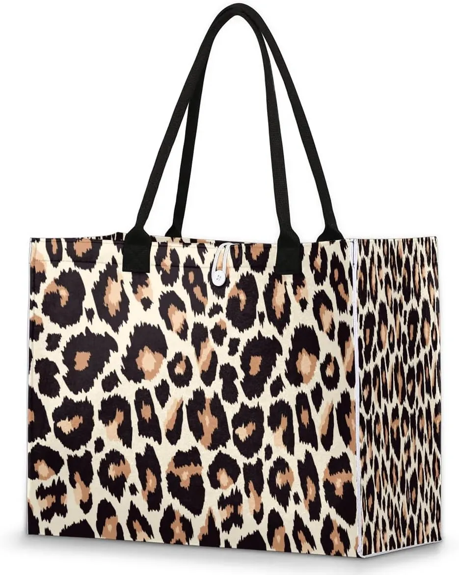 Tote Bag for Women Fur Leopard Print Large Beach Bag Reusable Grocery Bags Tote Bag for Work Shopping Travel Beach