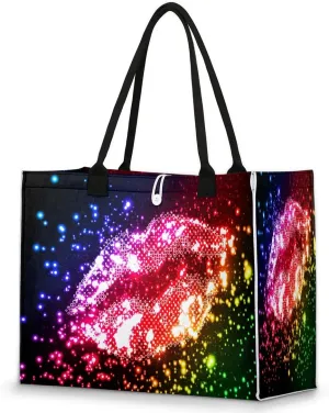 Tote Bag for Women Glitter Sexy Lips Large Beach Bag Reusable Grocery Bags Tote Bag for Work Shopping Travel Beach