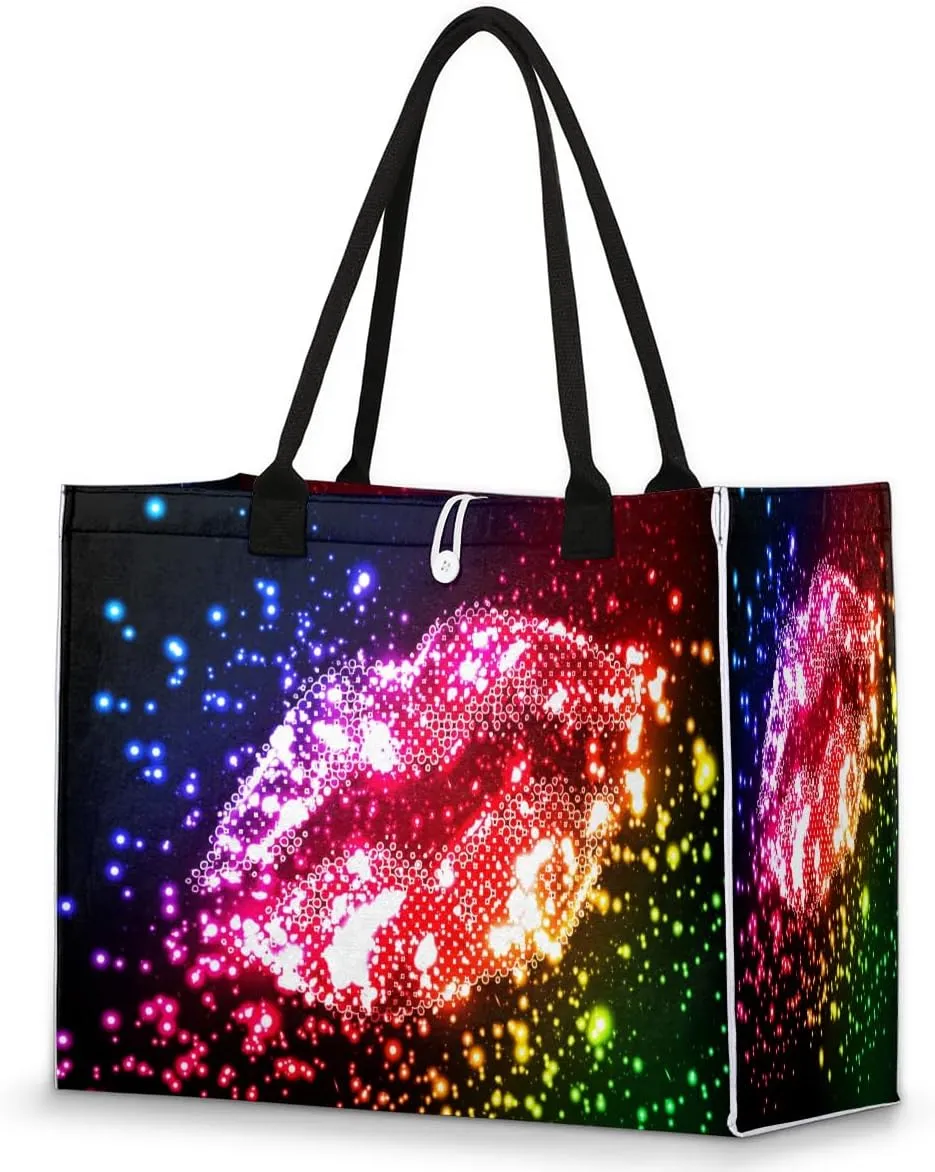 Tote Bag for Women Glitter Sexy Lips Large Beach Bag Reusable Grocery Bags Tote Bag for Work Shopping Travel Beach