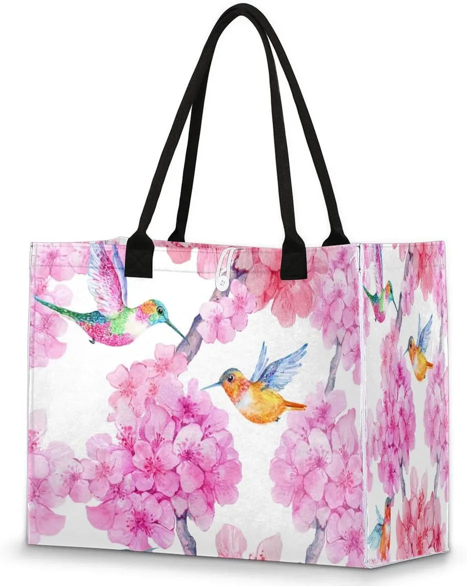 Tote Bag for Women Hummingbird Peach Blossom Large Beach Bag Reusable Grocery Bags Tote Bag for Work Shopping Travel Beach