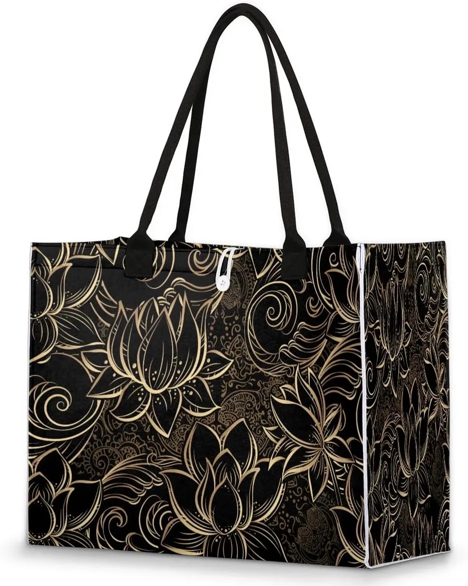 Tote Bag for Women Lotus Flower Pattern Large Beach Bag Reusable Grocery Bags Tote Bag for Work Shopping Travel Beach