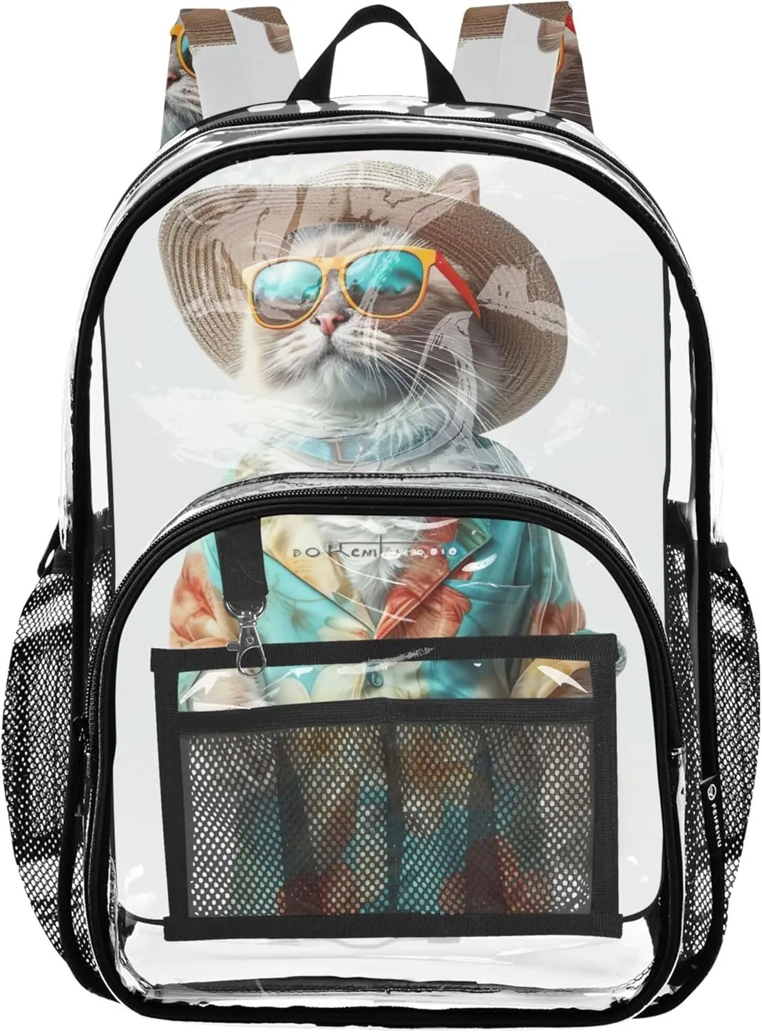 Travel Clear Backpack Floral Kids Backpack for Girls Plastic School Clear Bookbag Funny Cat Cute