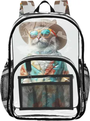 Travel Clear Backpack Floral Kids Backpack for Girls Plastic School Clear Bookbag Funny Cat Cute