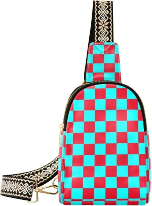 trendy Buffalo Plaid Check Cyan Red bags for men fashion leather fanny pack crossbody for travel