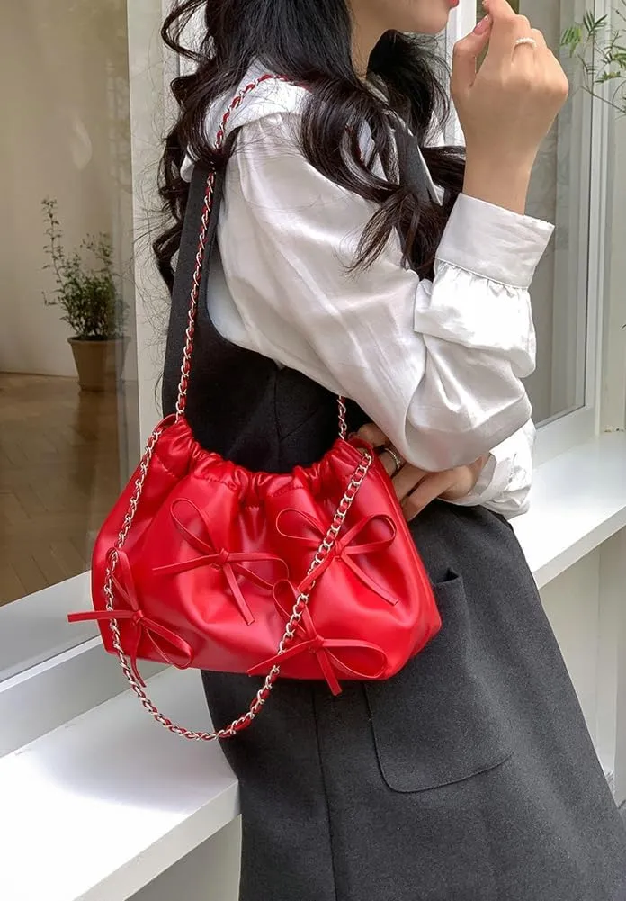 Trendy Small Purses Soft Leather Pleated Bucket Bags Shoulder Bag with Chain Cute Hobo Solid Shoulder Bags for Women