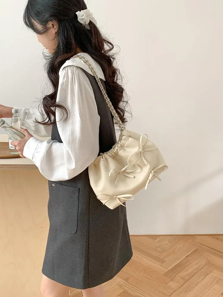 Trendy Small Purses Soft Leather Pleated Bucket Bags Shoulder Bag with Chain Cute Hobo Solid Shoulder Bags for Women