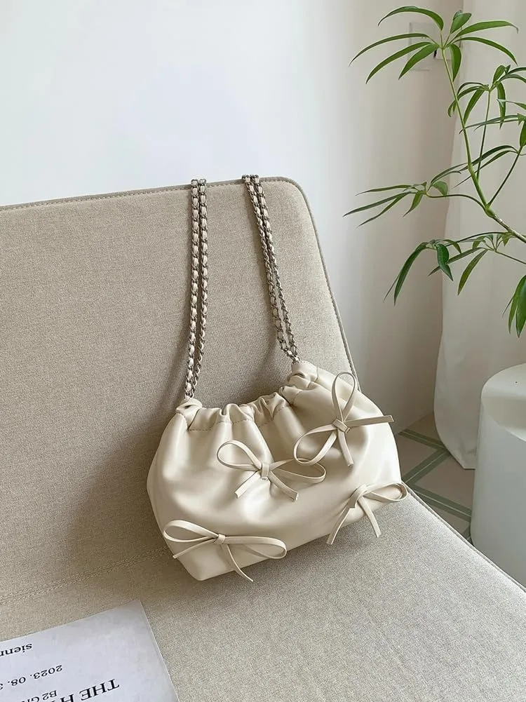 Trendy Small Purses Soft Leather Pleated Bucket Bags Shoulder Bag with Chain Cute Hobo Solid Shoulder Bags for Women