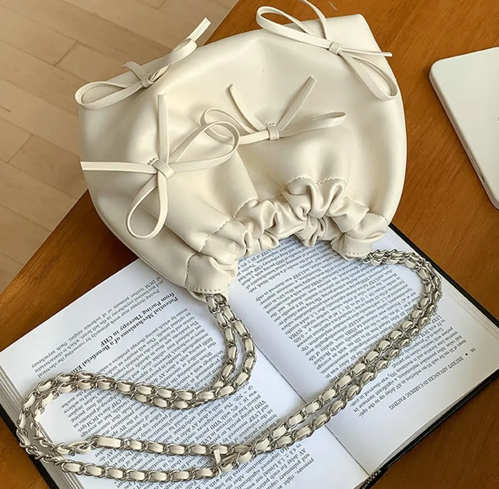 Trendy Small Purses Soft Leather Pleated Bucket Bags Shoulder Bag with Chain Cute Hobo Solid Shoulder Bags for Women