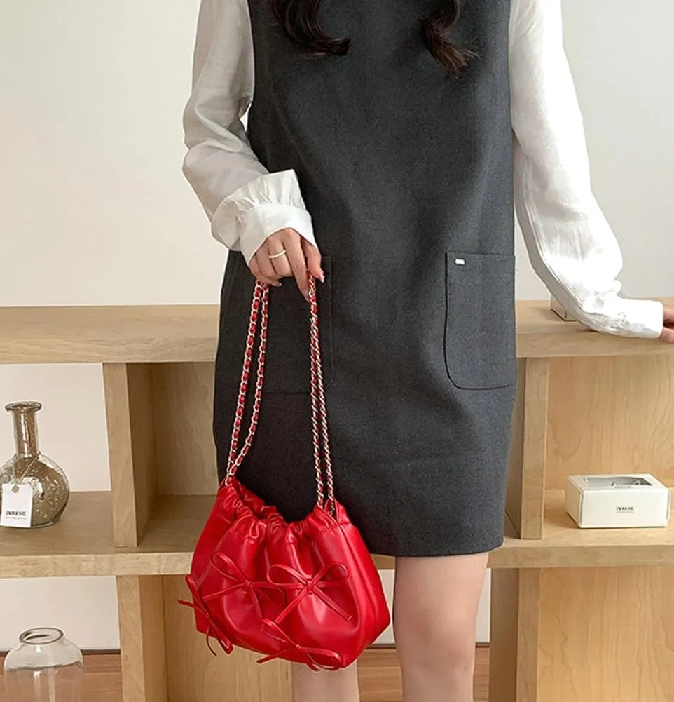 Trendy Small Purses Soft Leather Pleated Bucket Bags Shoulder Bag with Chain Cute Hobo Solid Shoulder Bags for Women