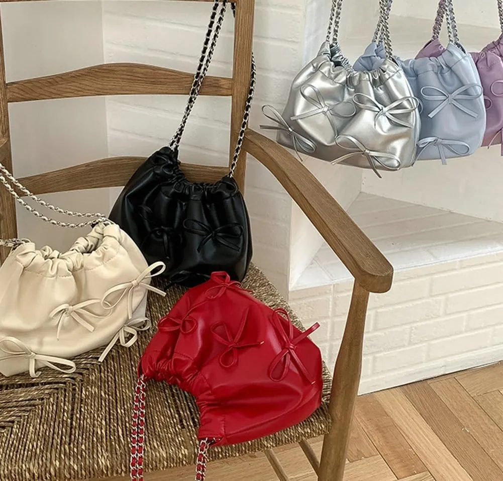 Trendy Small Purses Soft Leather Pleated Bucket Bags Shoulder Bag with Chain Cute Hobo Solid Shoulder Bags for Women