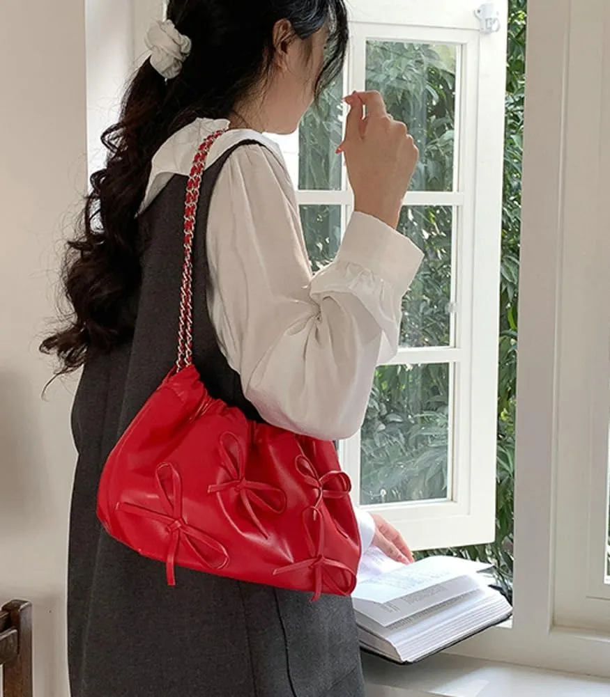 Trendy Small Purses Soft Leather Pleated Bucket Bags Shoulder Bag with Chain Cute Hobo Solid Shoulder Bags for Women