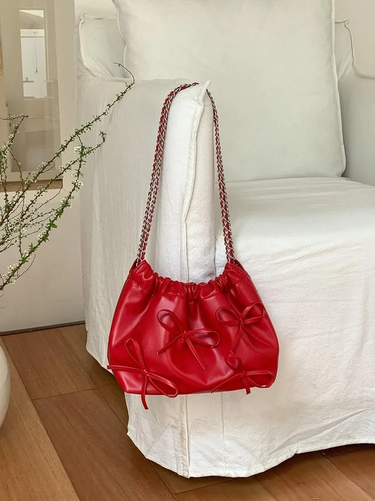 Trendy Small Purses Soft Leather Pleated Bucket Bags Shoulder Bag with Chain Cute Hobo Solid Shoulder Bags for Women