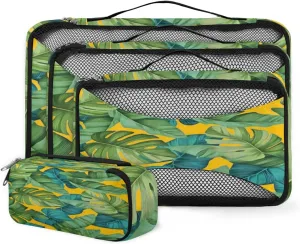 Tropical Plant Leaves 4 Piece Packing Travel Organizer Cubes Set Mesh Fabric Ventilate Design Lightweight Travel Accessories 4 Sizes (Extra Large, Large, Medium, Small)