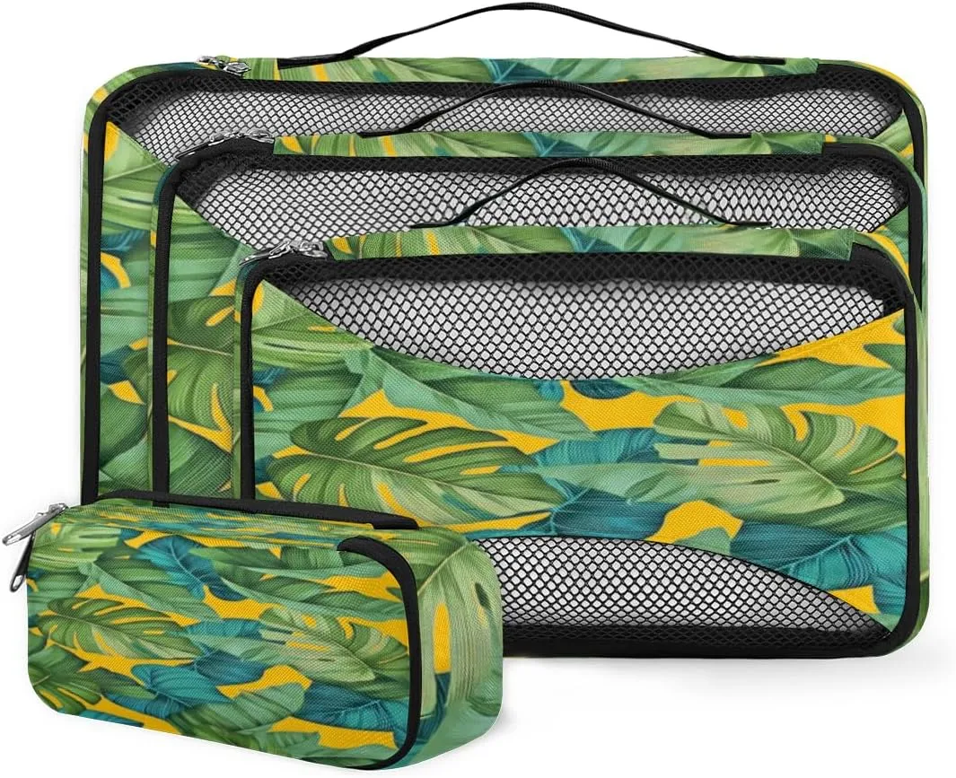 Tropical Plant Leaves 4 Piece Packing Travel Organizer Cubes Set Mesh Fabric Ventilate Design Lightweight Travel Accessories 4 Sizes (Extra Large, Large, Medium, Small)