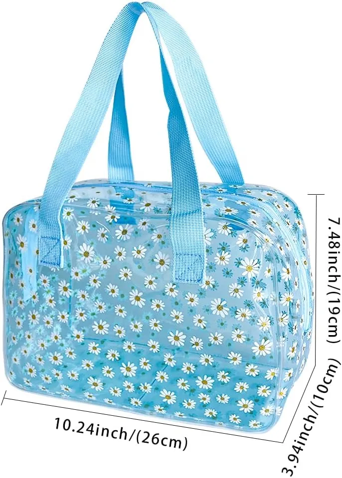 TSA Approved Toiletry Cosmetic Bags Daisy Printed PVC osmetic Bag with Handle PVC Makeup Bags with Zipper for women B097-7582 (2 pcs (2pcs blue)