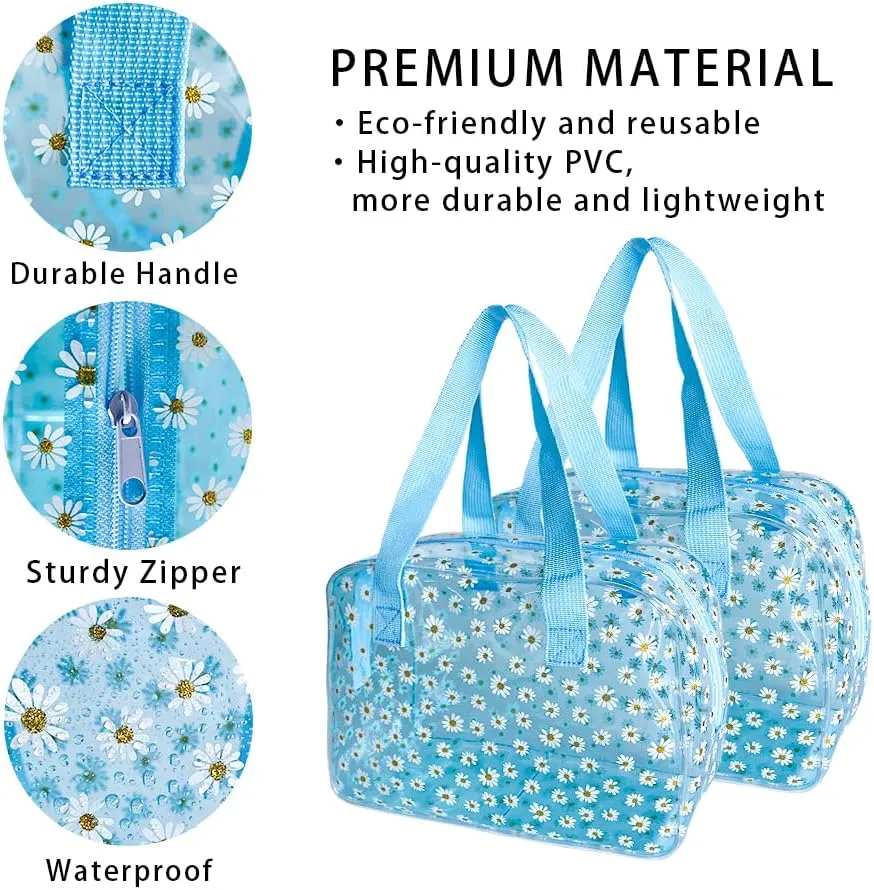 TSA Approved Toiletry Cosmetic Bags Daisy Printed PVC osmetic Bag with Handle PVC Makeup Bags with Zipper for women B097-7582 (2 pcs (2pcs blue)