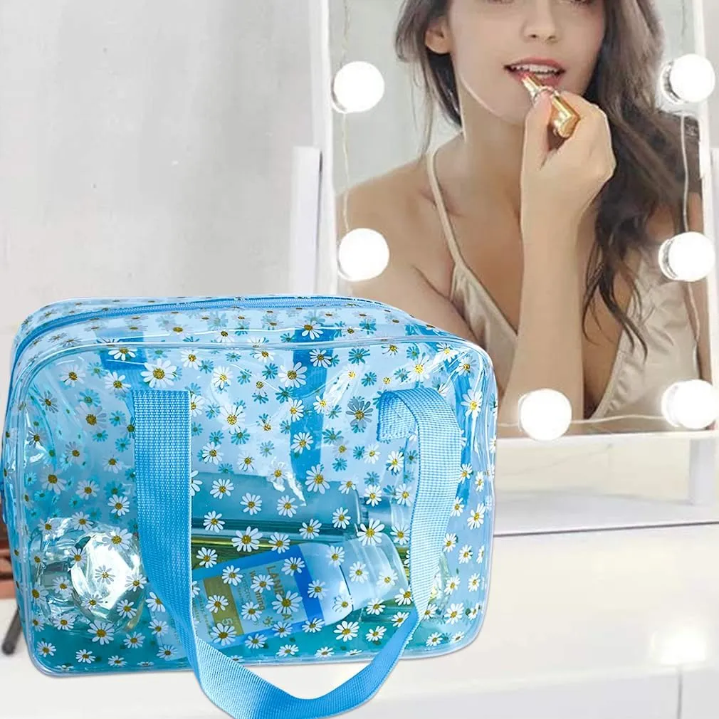 TSA Approved Toiletry Cosmetic Bags Daisy Printed PVC osmetic Bag with Handle PVC Makeup Bags with Zipper for women B097-7582 (2 pcs (2pcs blue)