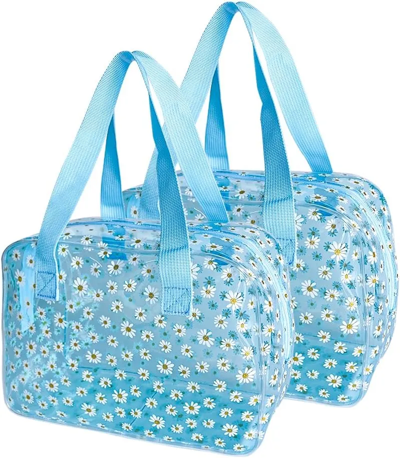TSA Approved Toiletry Cosmetic Bags Daisy Printed PVC osmetic Bag with Handle PVC Makeup Bags with Zipper for women B097-7582 (2 pcs (2pcs blue)