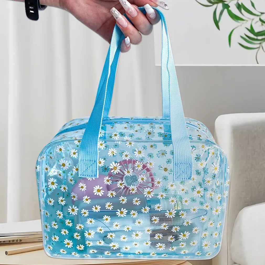 TSA Approved Toiletry Cosmetic Bags Daisy Printed PVC osmetic Bag with Handle PVC Makeup Bags with Zipper for women B097-7582 (2 pcs (2pcs blue)