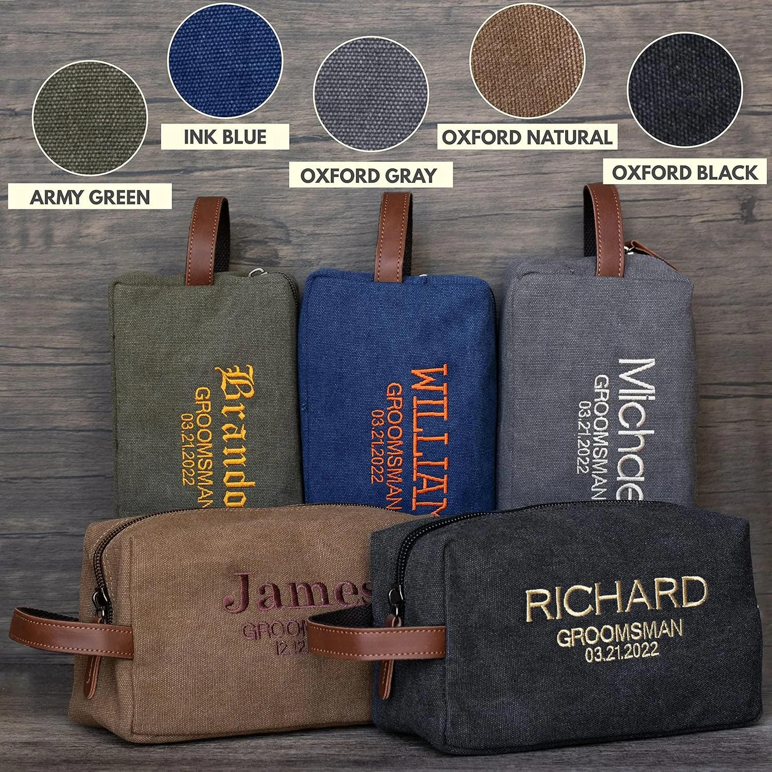 UNITED CRAFT SUPPLIES Groomsmen Gifts Set of 3, Embroidered - Personalized Toiletry Bags w/Name & Title, Travel Toiletry Bag for Men, 8 Thread Colors, Groomsmen Proposal - Grey