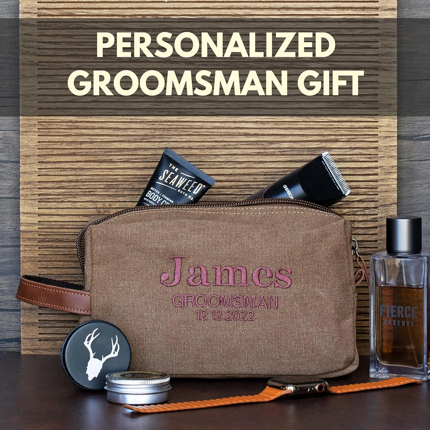 UNITED CRAFT SUPPLIES Groomsmen Gifts Set of 3, Embroidered - Personalized Toiletry Bags w/Name & Title, Travel Toiletry Bag for Men, 8 Thread Colors, Groomsmen Proposal - Grey