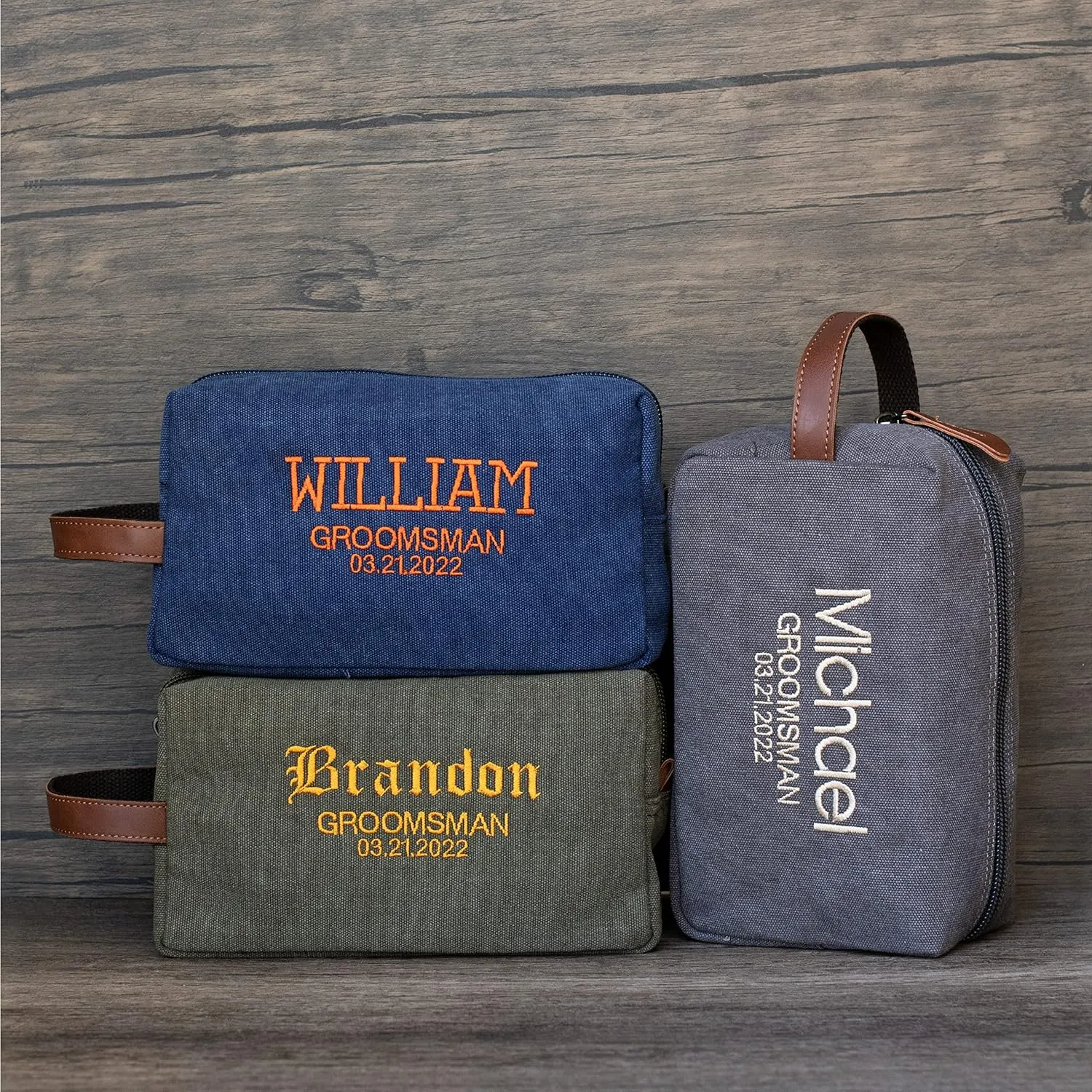 UNITED CRAFT SUPPLIES Groomsmen Gifts Set of 3, Embroidered - Personalized Toiletry Bags w/Name & Title, Travel Toiletry Bag for Men, 8 Thread Colors, Groomsmen Proposal - Grey