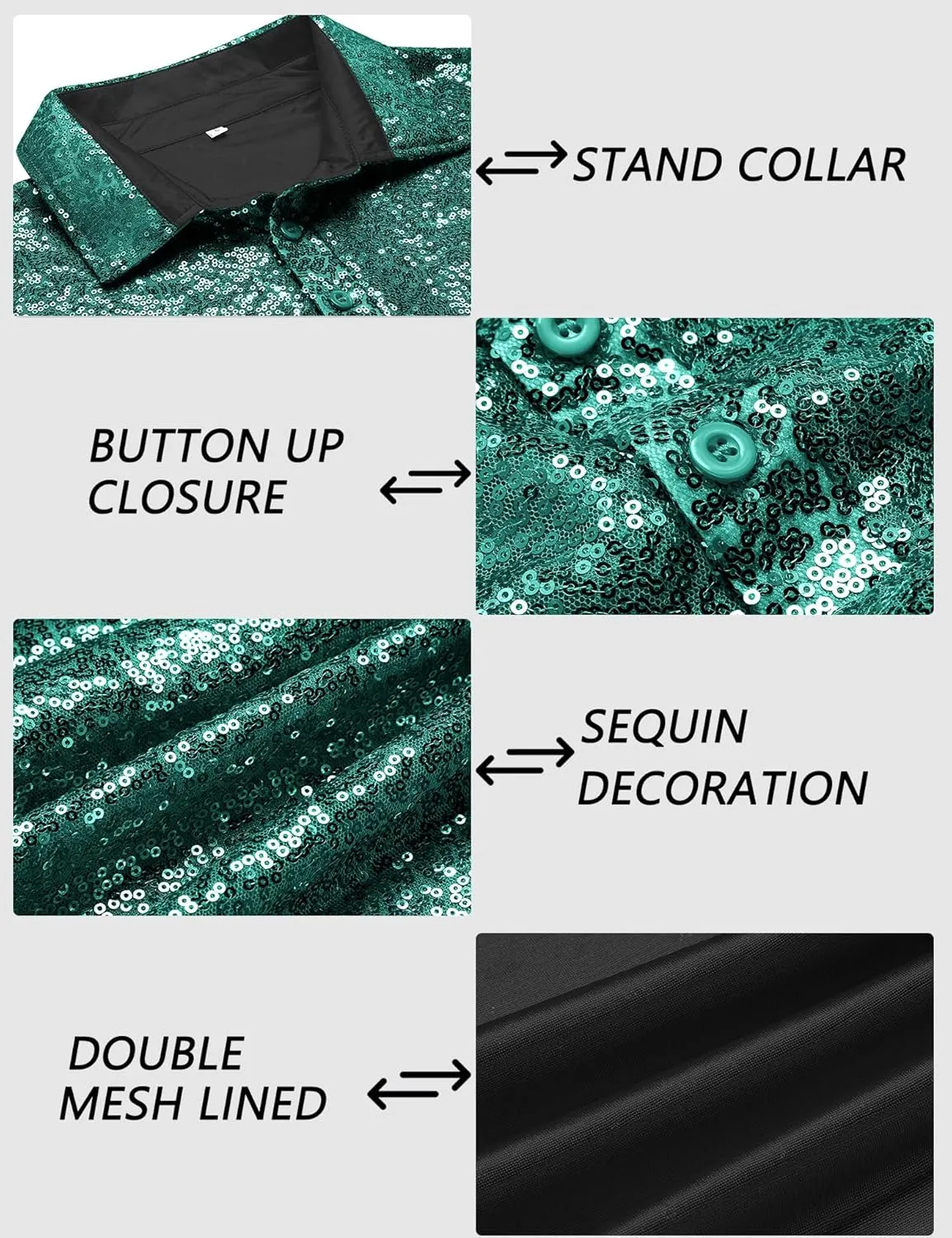 URRU Men's Relaxed Short Sleeve Turndown Sparkle Sequins Polo Shirts 70s Disco Nightclub Party Shirt Top
