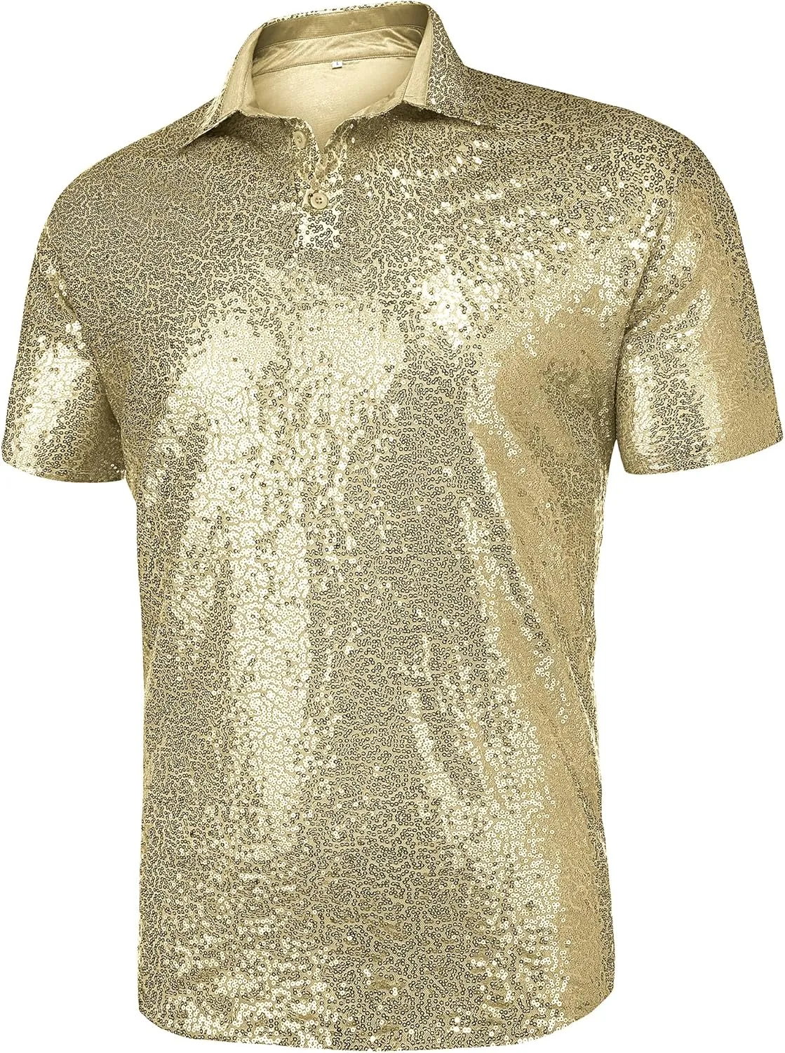 URRU Men's Relaxed Short Sleeve Turndown Sparkle Sequins Polo Shirts 70s Disco Nightclub Party Shirt Top