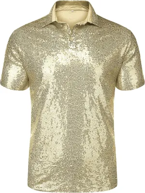 URRU Men's Relaxed Short Sleeve Turndown Sparkle Sequins Polo Shirts 70s Disco Nightclub Party Shirt Top