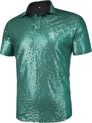 URRU Men's Relaxed Short Sleeve Turndown Sparkle Sequins Polo Shirts 70s Disco Nightclub Party Shirt Top