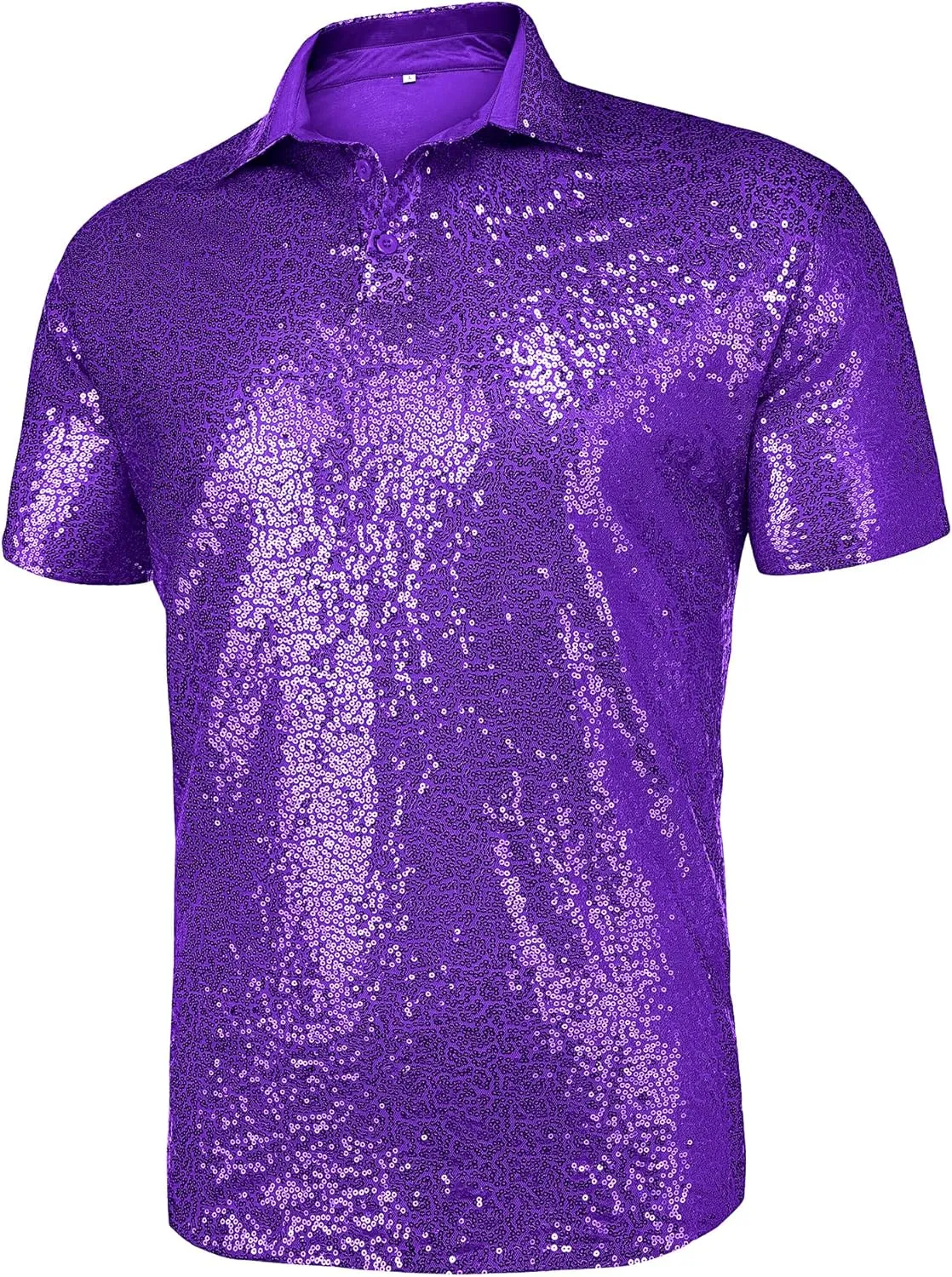 URRU Men's Relaxed Short Sleeve Turndown Sparkle Sequins Polo Shirts 70s Disco Nightclub Party Shirt Top