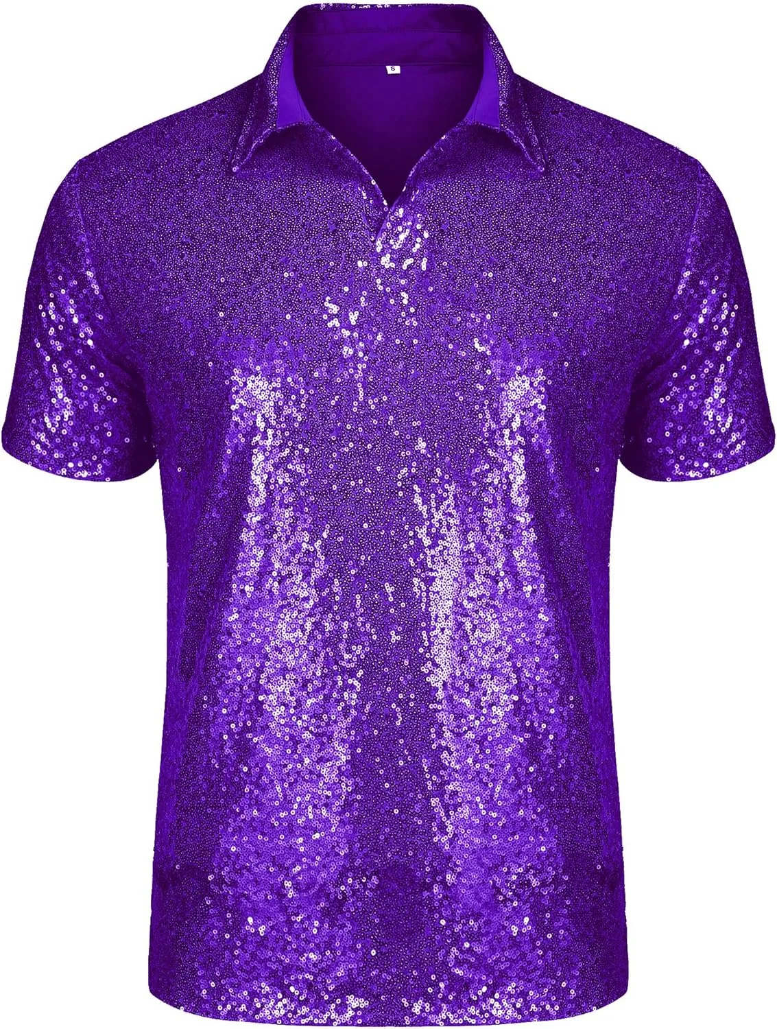 URRU Men's Relaxed Short Sleeve Turndown Sparkle Sequins Polo Shirts 70s Disco Nightclub Party Shirt Tops