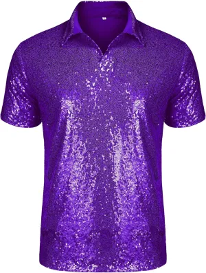 URRU Men's Relaxed Short Sleeve Turndown Sparkle Sequins Polo Shirts 70s Disco Nightclub Party Shirt Tops