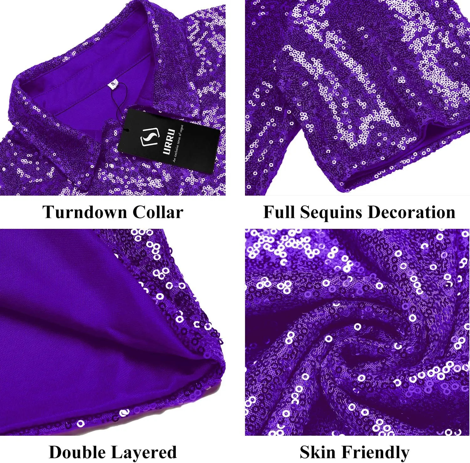 URRU Men's Relaxed Short Sleeve Turndown Sparkle Sequins Polo Shirts 70s Disco Nightclub Party Shirt Tops