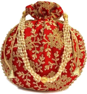 Vedanta Craft Womens Indian Ethnic Designer Silk Potli Bags | Pearls Sequin Embroidered Rajasthani Batwa Purse, Clutch with Drawstring (Pack of 2)