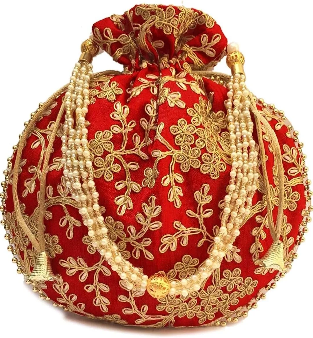 Vedanta Craft Womens Indian Ethnic Designer Silk Potli Bags | Pearls Sequin Embroidered Rajasthani Batwa Purse, Clutch with Drawstring (Pack of 2)