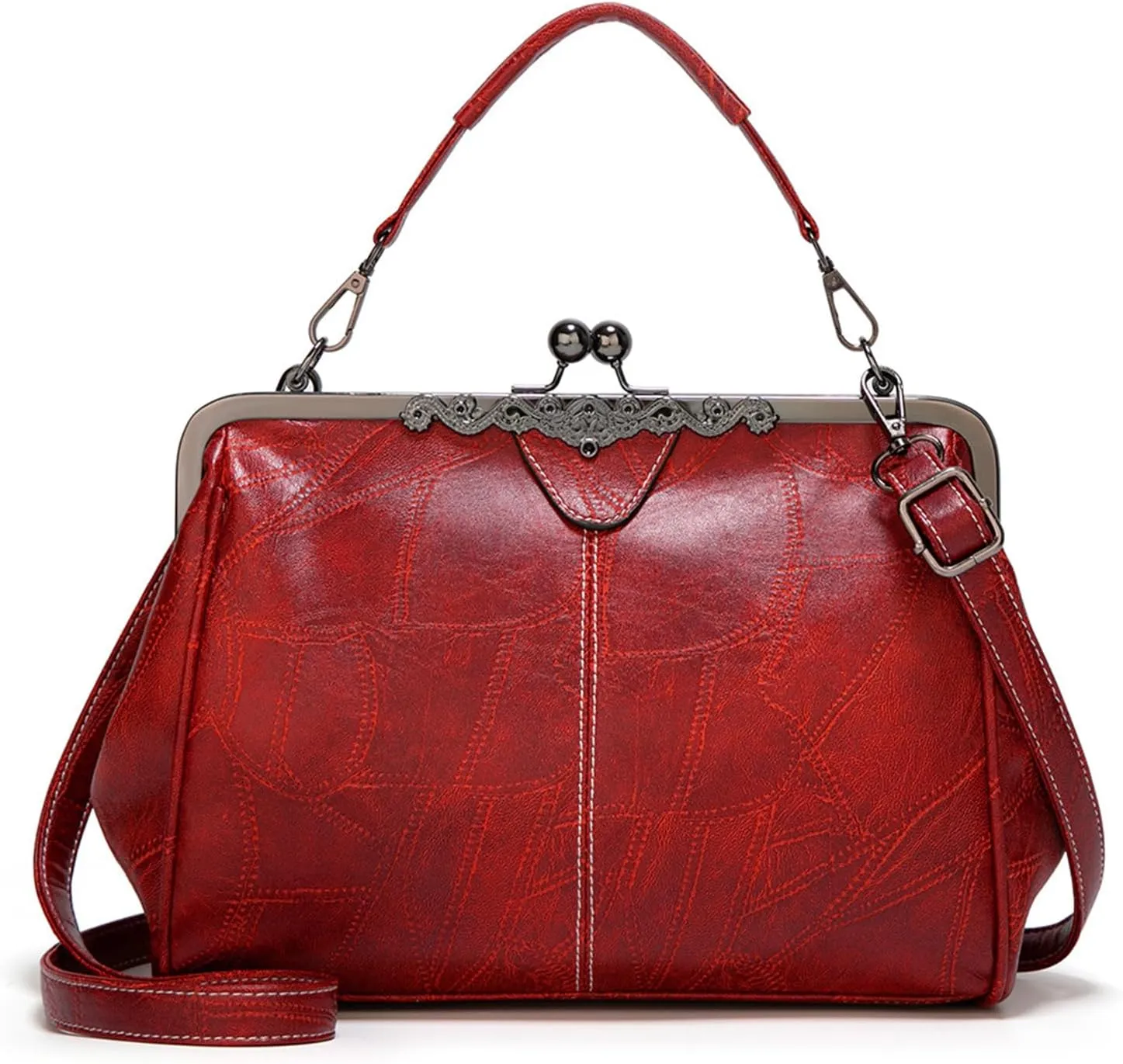 Vintage PU Leather Handbags for Women Stylish Kiss Lock Clutch Satchel Tote Purse Ladies Party Crossbody Shoulder Bags