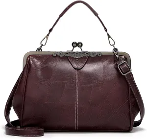 Vintage PU Leather Handbags for Women Stylish Kiss Lock Clutch Satchel Tote Purse Ladies Party Crossbody Shoulder Bags