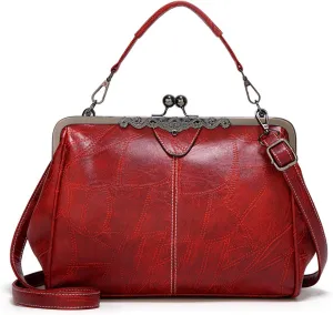 Vintage PU Leather Handbags for Women Stylish Kiss Lock Clutch Satchel Tote Purse Ladies Party Crossbody Shoulder Bags