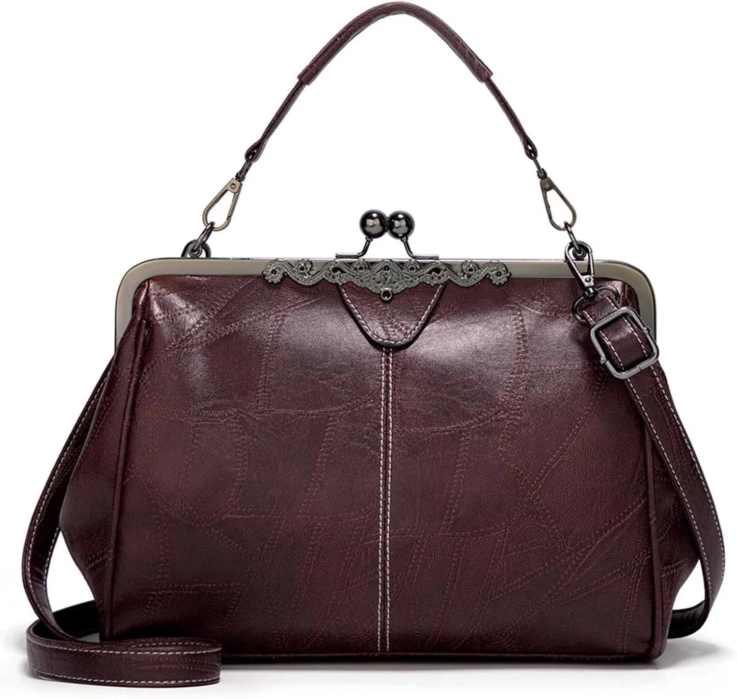 Vintage PU Leather Handbags for Women Stylish Kiss Lock Clutch Satchel Tote Purse Ladies Party Crossbody Shoulder Bags