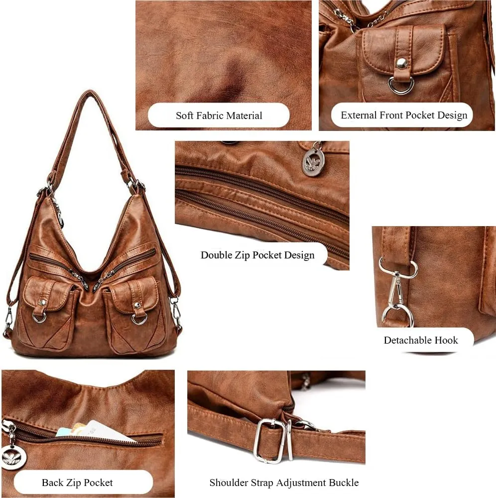 Vintage Women Handbags Purses Soft PU Leather Shoulder Hobo Handbag Tote Bags Backpack Stylish Satchel Zip Pocket