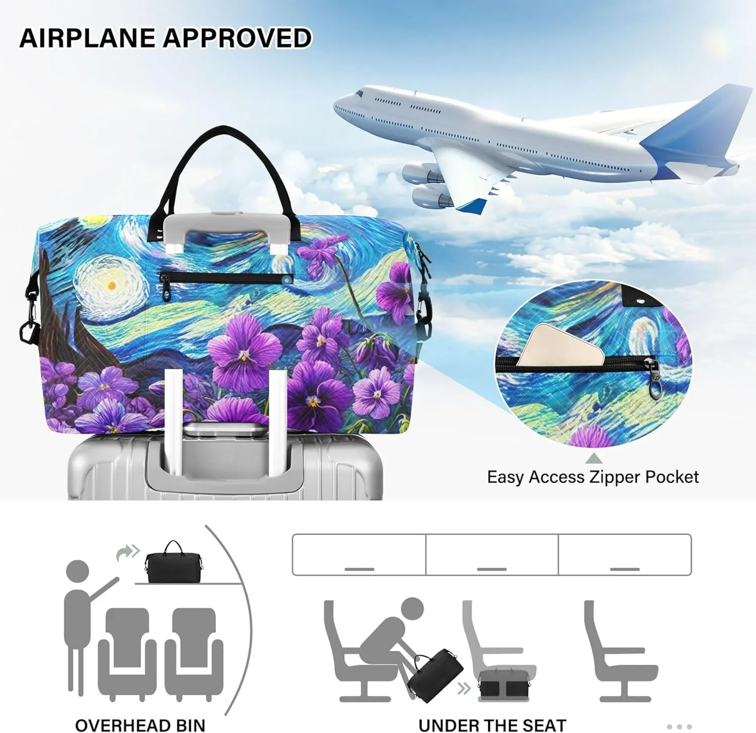 Violet Flowers Starry Night Duffel Bags Travel Cosmetic Bags Set of 2, Print Women Garment Duffel Bag Overnight Hospital Bag