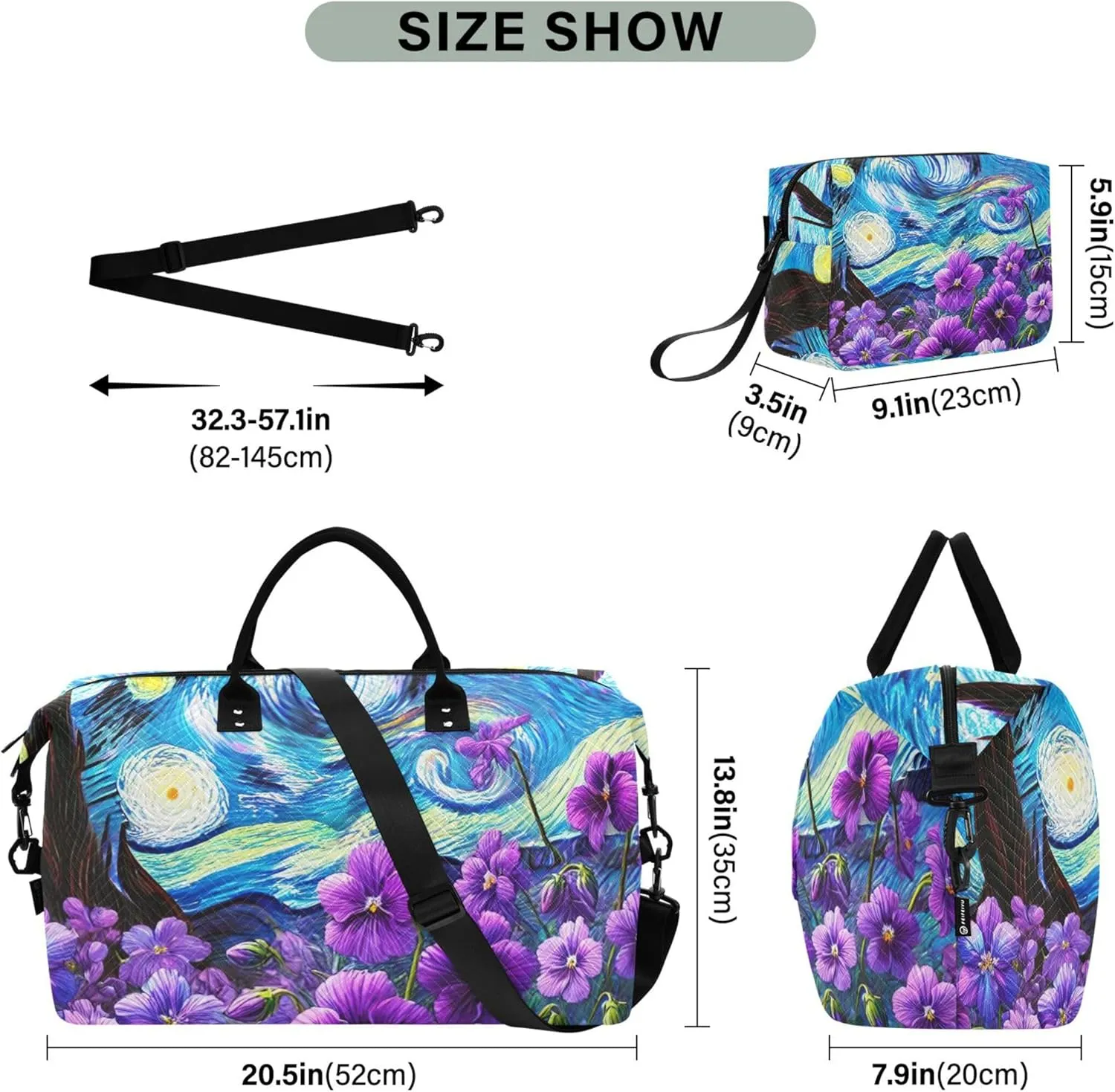 Violet Flowers Starry Night Duffel Bags Travel Cosmetic Bags Set of 2, Print Women Garment Duffel Bag Overnight Hospital Bag