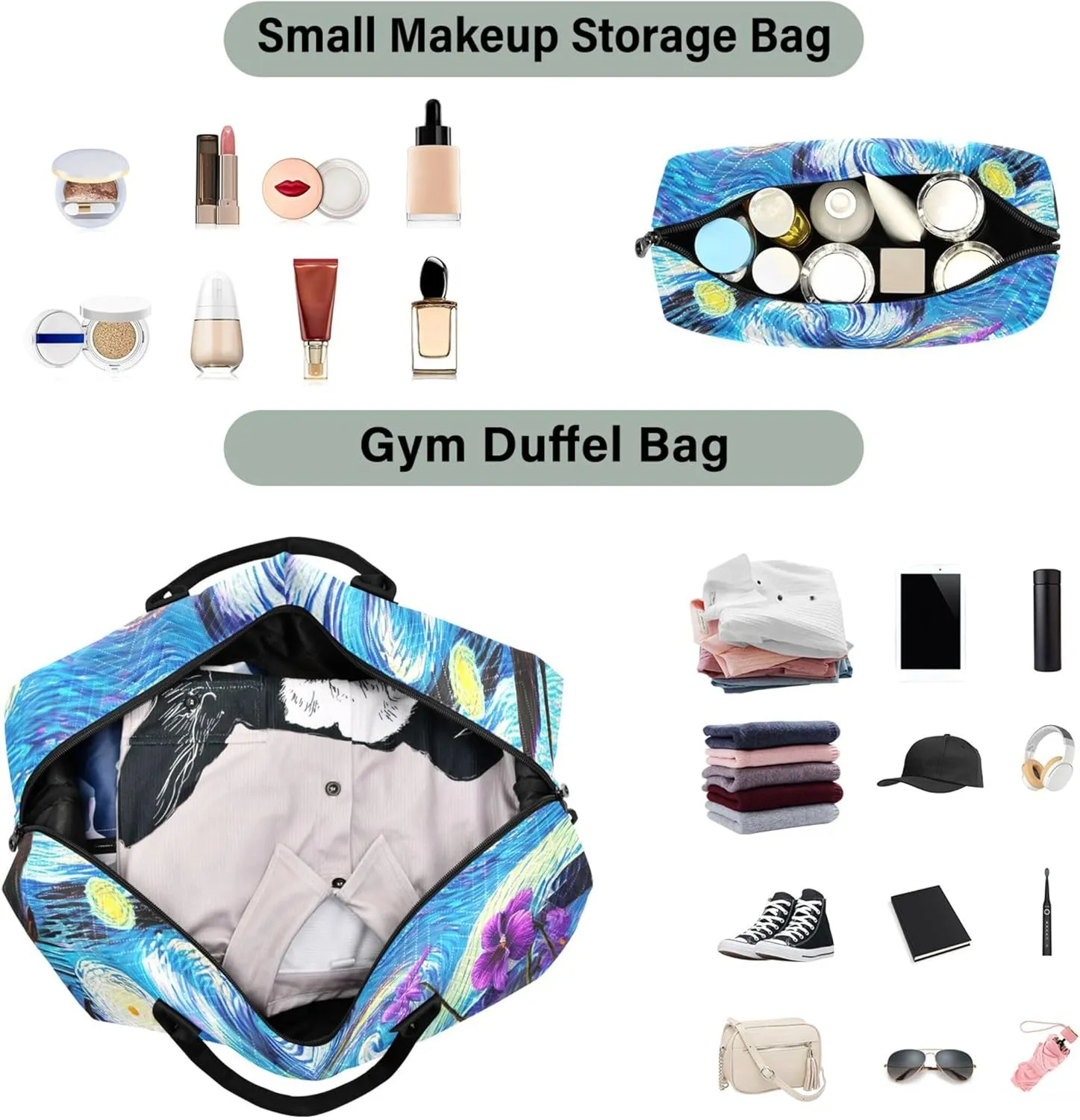 Violet Flowers Starry Night Duffel Bags Travel Cosmetic Bags Set of 2, Print Women Garment Duffel Bag Overnight Hospital Bag