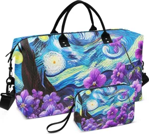 Violet Flowers Starry Night Duffel Bags Travel Cosmetic Bags Set of 2, Print Women Garment Duffel Bag Overnight Hospital Bag