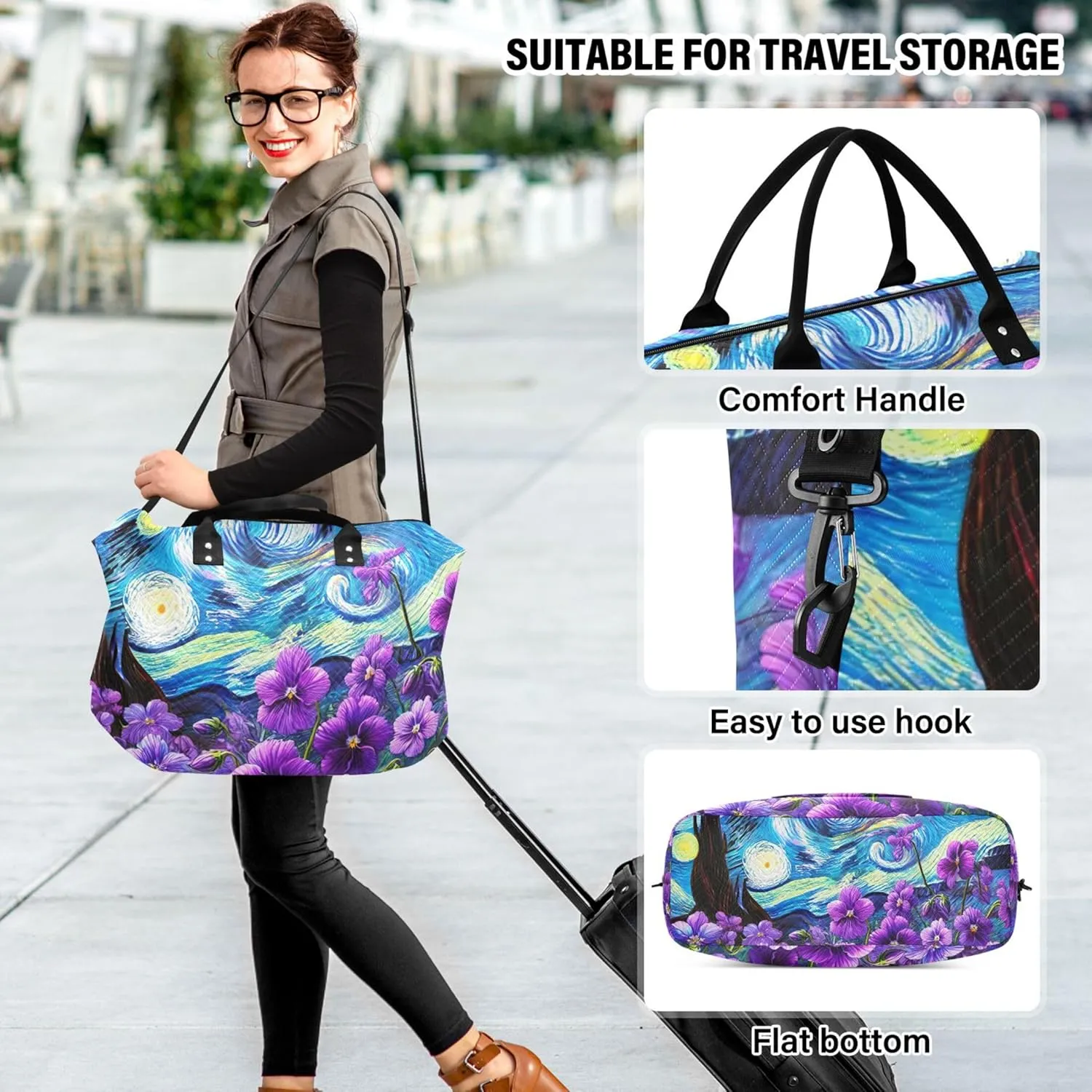 Violet Flowers Starry Night Duffel Bags Travel Cosmetic Bags Set of 2, Print Women Garment Duffel Bag Overnight Hospital Bag