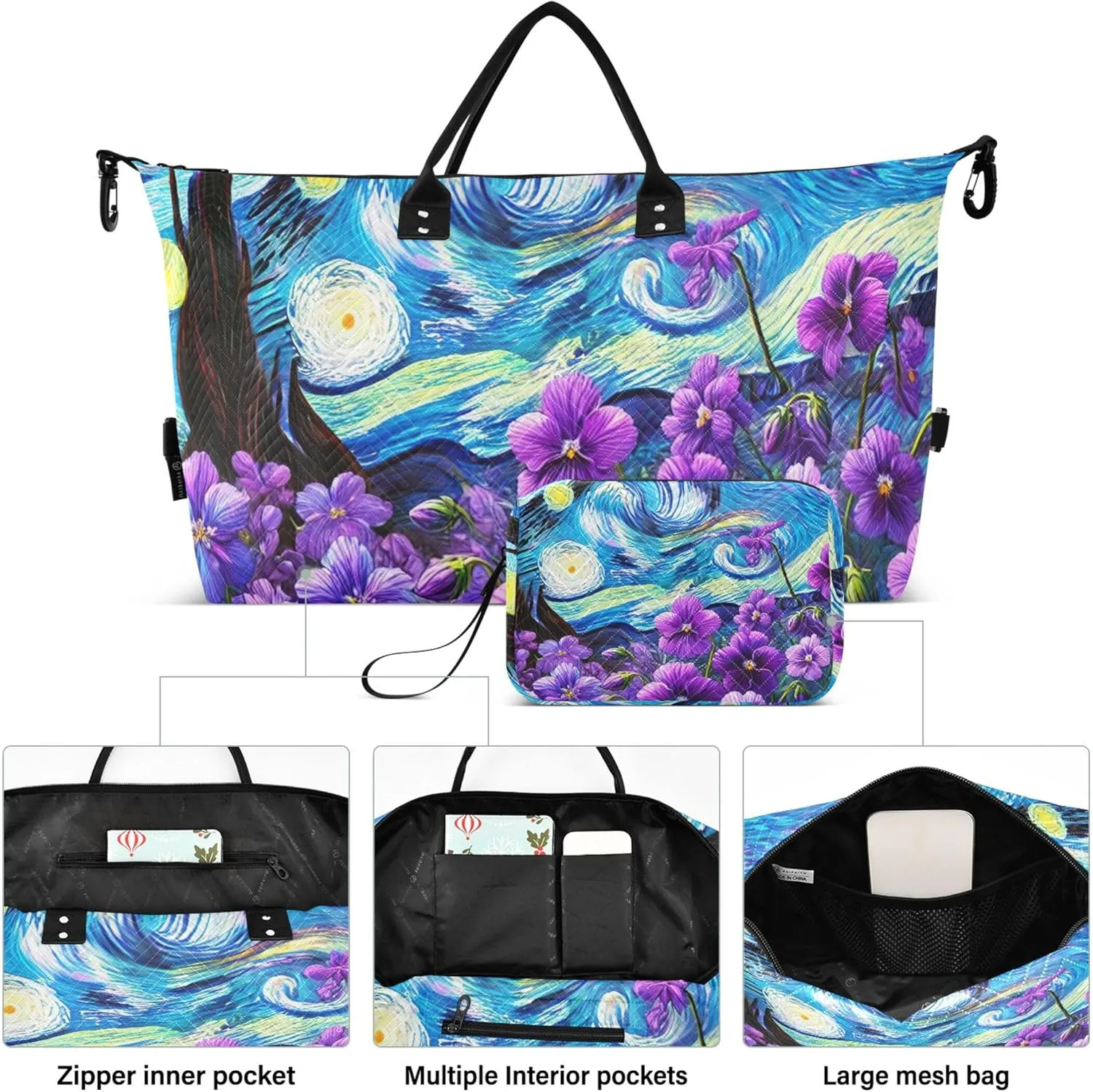Violet Flowers Starry Night Duffel Bags Travel Cosmetic Bags Set of 2, Print Women Garment Duffel Bag Overnight Hospital Bag