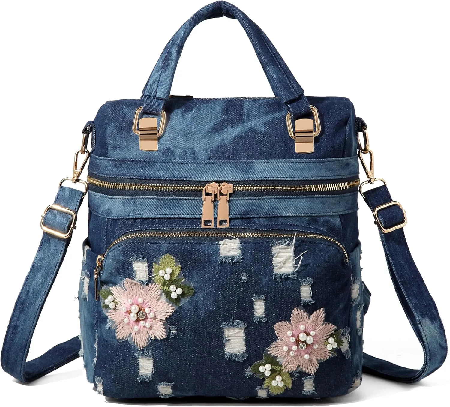 Washed Denim Backpack for Women Y2K Purses Ladies Daypack Casual Floral Embroidered Blue Jean Shoulder Bags (Deep Blue)