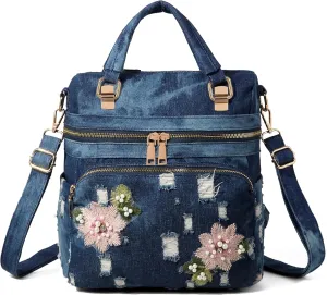 Washed Denim Backpack for Women Y2K Purses Ladies Daypack Casual Floral Embroidered Blue Jean Shoulder Bags (Deep Blue)